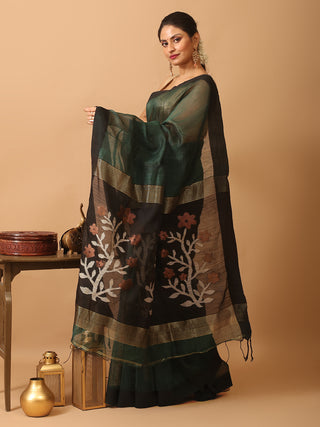 Bottle Green Handloom Silk Linen Saree with Intricate Floral Design