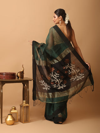 Bottle Green Handloom Silk Linen Saree with Intricate Floral Design