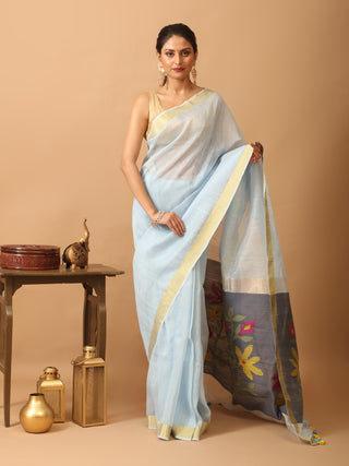 Ice Blue Handloom Silk Linen Saree with Handcrafted Floral Pallu