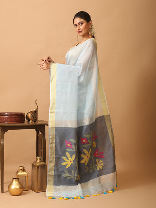 Ice Blue Handloom Silk Linen Saree with Handcrafted Floral Pallu