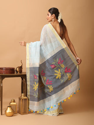 Ice Blue Handloom Silk Linen Saree with Handcrafted Floral Pallu