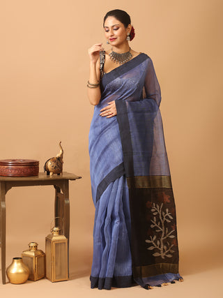 Indigo Blue and Black Handloom Silk Linen Saree with Floral Motifs