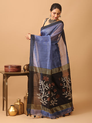 Indigo Blue and Black Handloom Silk Linen Saree with Floral Motifs