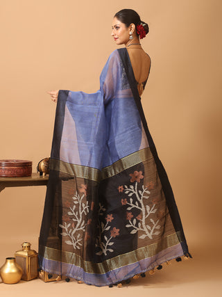 Indigo Blue and Black Handloom Silk Linen Saree with Floral Motifs