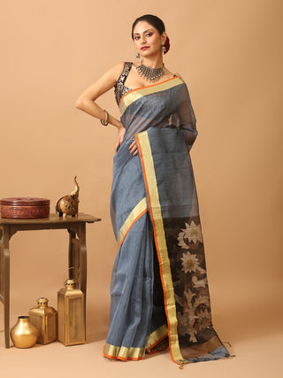 Denim Blue Handloom Silk Linen Saree with Floral Motifs On Pallu