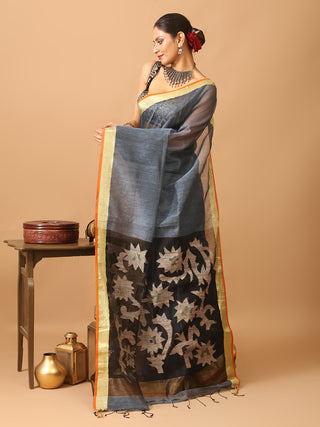 Denim Blue Handloom Silk Linen Saree with Floral Motifs On Pallu