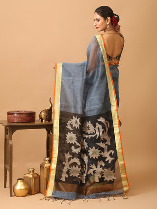 Denim Blue Handloom Silk Linen Saree with Floral Motifs On Pallu