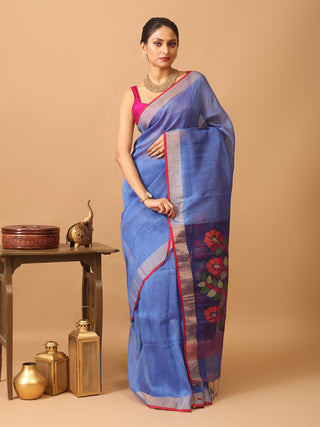 Blue Handloom Silk Linen Saree with Vibrant Floral Pallu