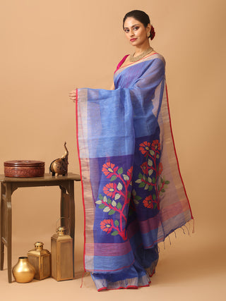 Blue Handloom Silk Linen Saree with Vibrant Floral Pallu