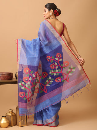 Blue Handloom Silk Linen Saree with Vibrant Floral Pallu