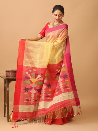 Yellow and Red Handloom Silk Linen Saree with Vibrant Floral Pallu