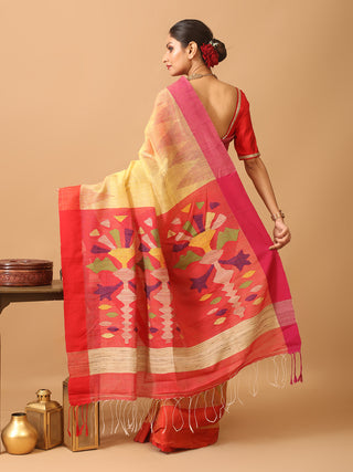 Yellow and Red Handloom Silk Linen Saree with Vibrant Floral Pallu