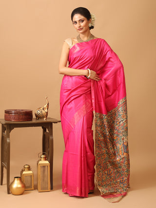 Fuchsia Viscose-Silk Saree With Hand Madhubani Painting On Ghicha-Tussar Pallu