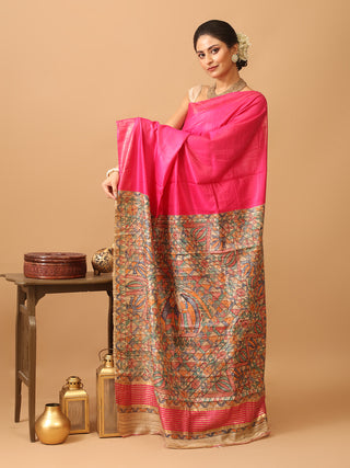 Fuchsia Viscose-Silk Saree With Hand Madhubani Painting On Ghicha-Tussar Pallu