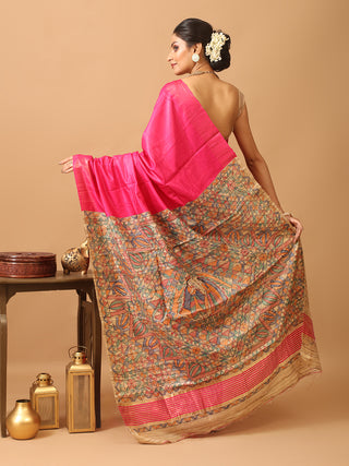 Fuchsia Viscose-Silk Saree With Hand Madhubani Painting On Ghicha-Tussar Pallu