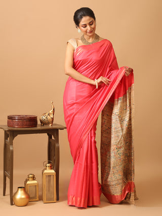 Coral Red Viscose-Silk Saree With Hand Madhubani Painting On Ghicha-Tussar Pallu