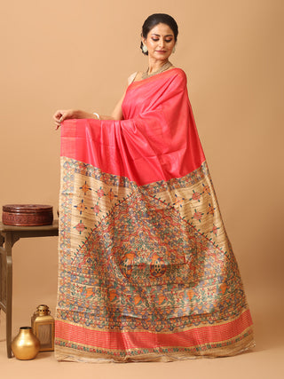 Coral Red Viscose-Silk Saree With Hand Madhubani Painting On Ghicha-Tussar Pallu