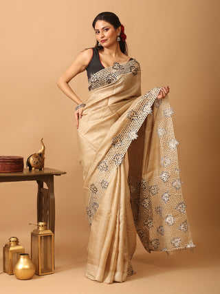 Beige Tussar Silk Saree With Embroidery And Cutwork