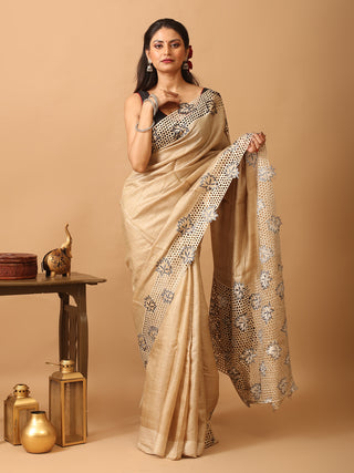Beige Tussar Silk Saree With Embroidery And Cutwork