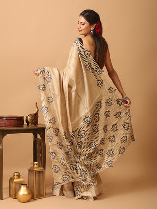 Beige Tussar Silk Saree With Embroidery And Cutwork