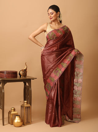 Wine Tussar Silk Saree With Embroidery And Cutwork