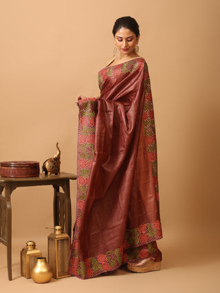 Wine Tussar Silk Saree With Embroidery And Cutwork