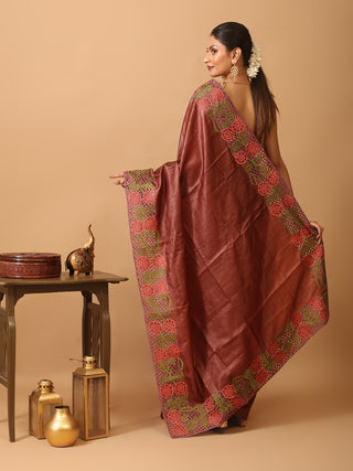 Wine Tussar Silk Saree With Embroidery And Cutwork