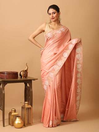 Light Peach Tussar Silk Saree With Embroidery And Cutwork
