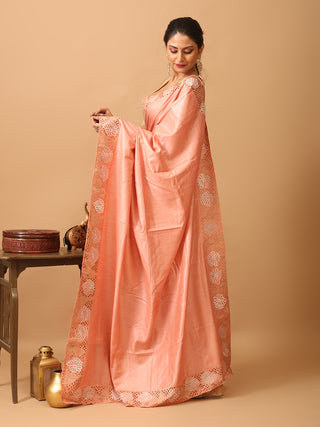 Light Peach Tussar Silk Saree With Embroidery And Cutwork
