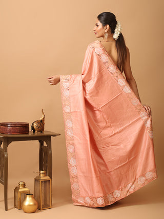 Light Peach Tussar Silk Saree With Embroidery And Cutwork
