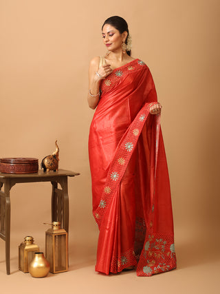 Tomato Red Tussar Silk Saree With Embroidery And Cutwork