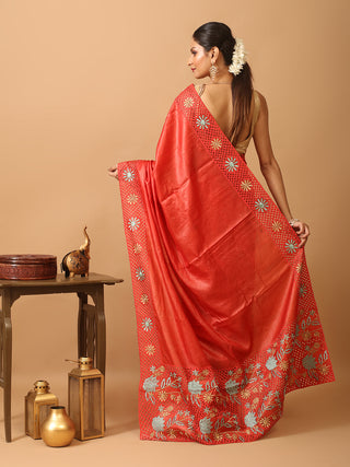 Tomato Red Tussar Silk Saree With Embroidery And Cutwork