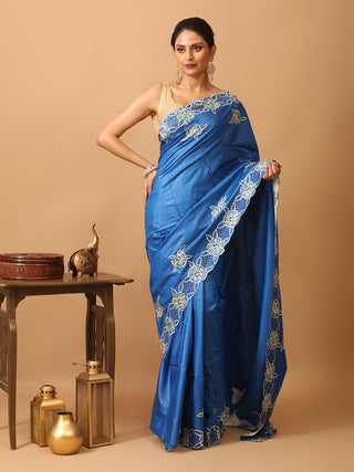 Royal Blue Tussar Silk Saree With