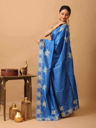 Royal Blue Tussar Silk Saree With