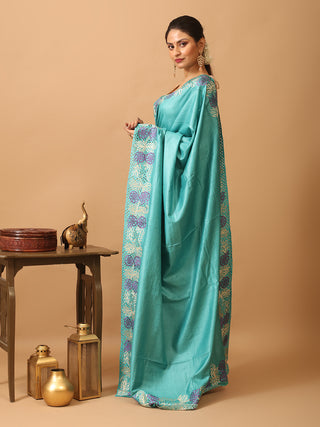 Teal Tussar Silk Saree With Embroidery And Cutwork