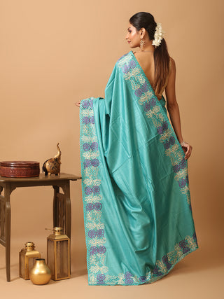 Teal Tussar Silk Saree With Embroidery And Cutwork