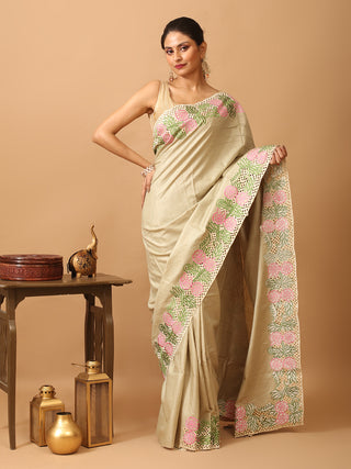 Beige Tussar Silk Saree With Embroidery And Cutwork