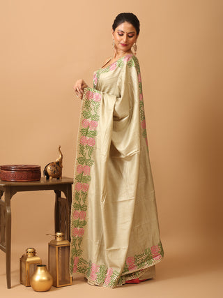 Beige Tussar Silk Saree With Embroidery And Cutwork