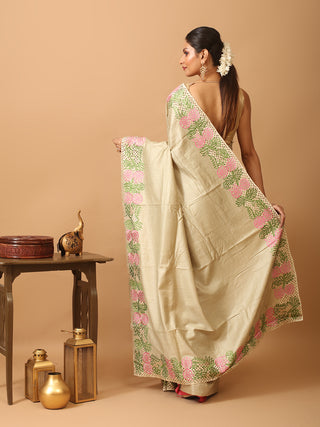 Beige Tussar Silk Saree With Embroidery And Cutwork