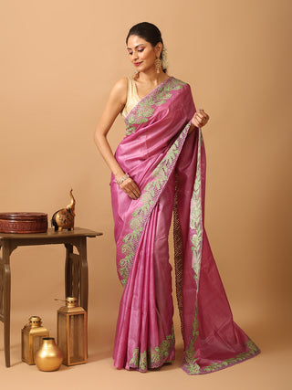 Mauve Tussar Silk Saree With Embroidery And Cutwork