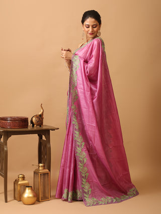 Mauve Tussar Silk Saree With Embroidery And Cutwork