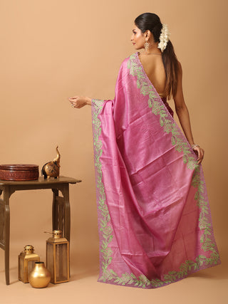 Mauve Tussar Silk Saree With Embroidery And Cutwork