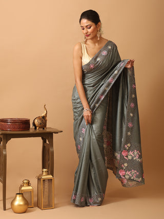 Elephant Grey Tussar Silk Saree With Embroidery And Cutwork