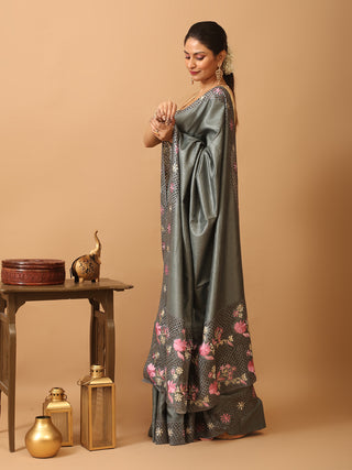 Elephant Grey Tussar Silk Saree With Embroidery And Cutwork