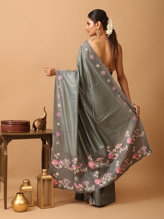 Elephant Grey Tussar Silk Saree With Embroidery And Cutwork