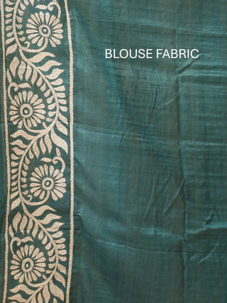 Teal Blue Tussar Silk Saree with Kantha Embroidery