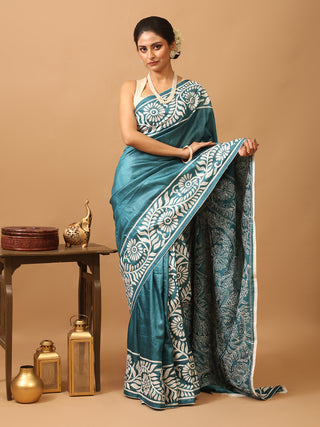 Teal Blue Tussar Silk Saree with Kantha Embroidery