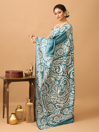 Teal Blue Tussar Silk Saree with Kantha Embroidery