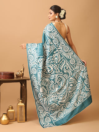 Teal Blue Tussar Silk Saree with Kantha Embroidery