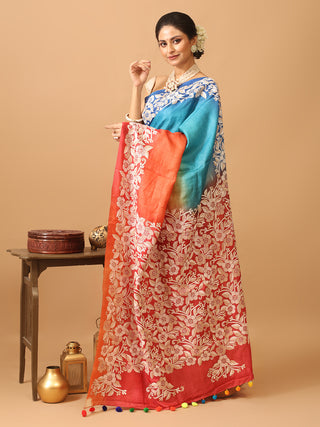 Rainbow-Coloured Bengal Tussar Silk Saree with Kantha Embroidery